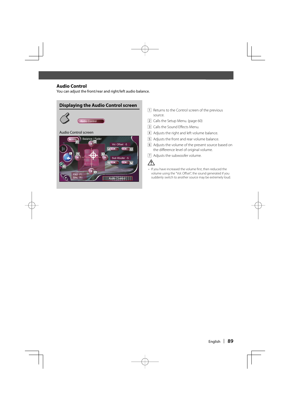 Before use, Displaying the audio control screen, Audio control | Kenwood DDX8017 User Manual | Page 89 / 108