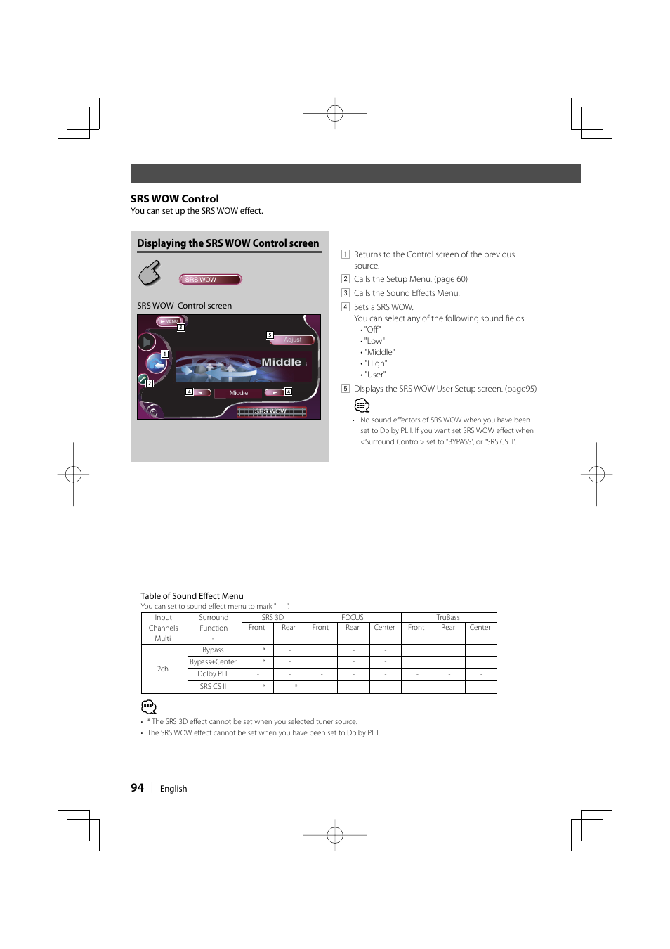 Srs wow control, Displaying the srs wow control screen | Kenwood DDX8017 User Manual | Page 94 / 108