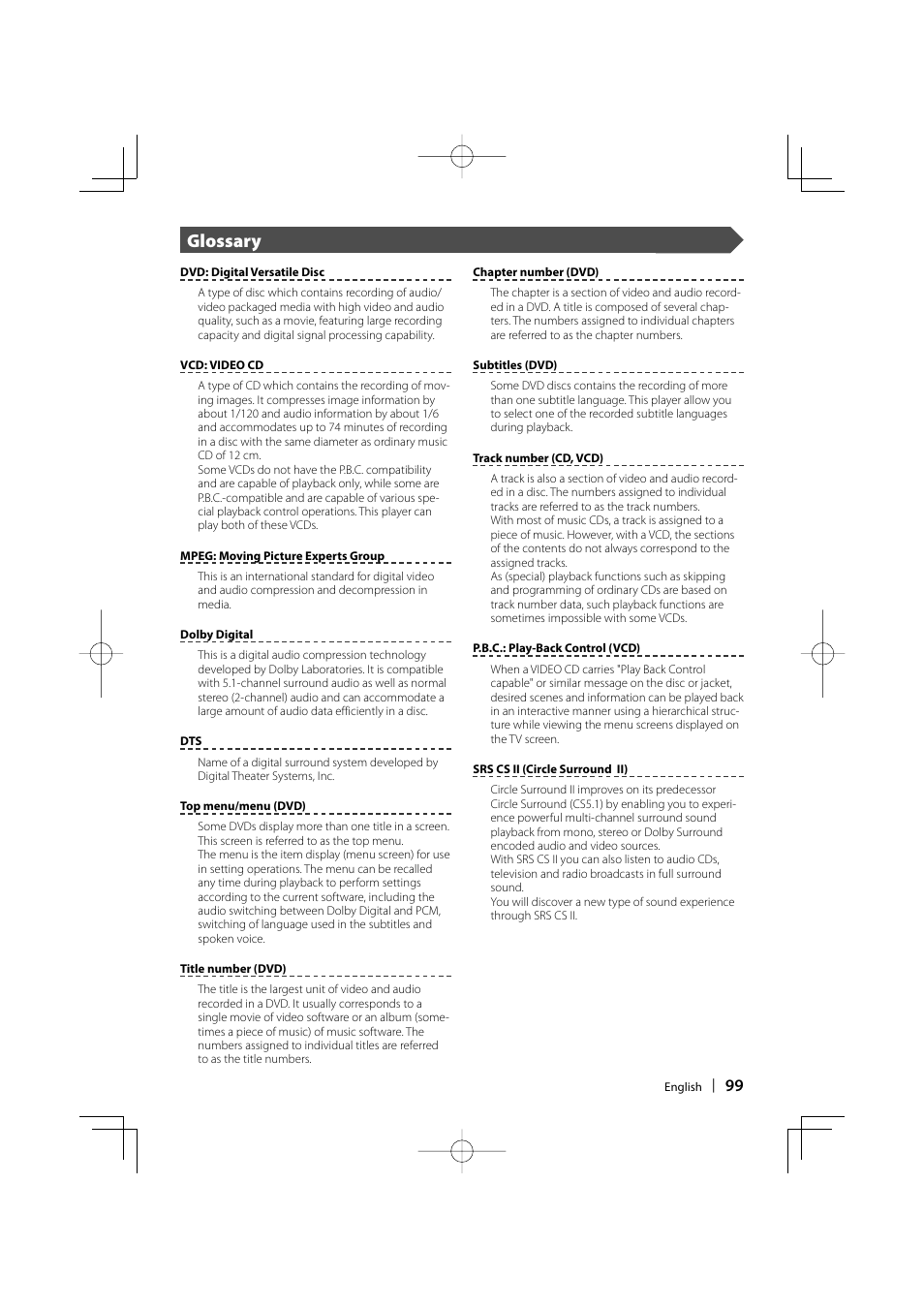 Glossary | Kenwood DDX8017 User Manual | Page 99 / 108
