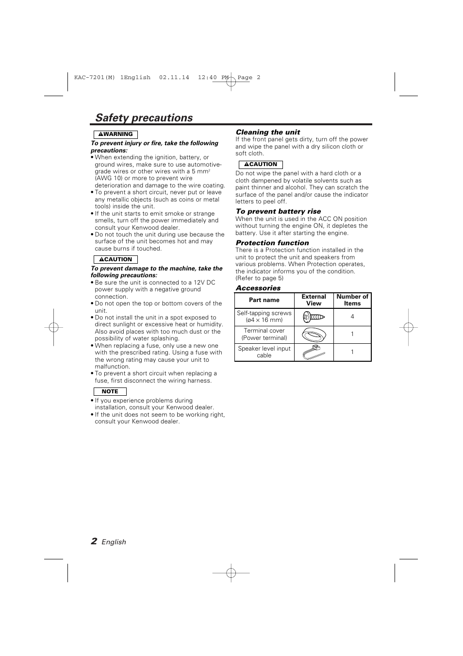 Safety precautions | Kenwood KAC-7201 User Manual | Page 2 / 12
