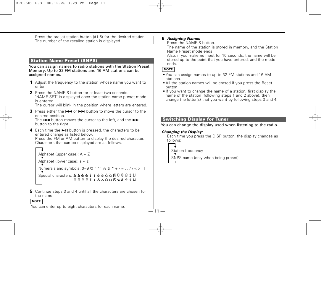 Station name preset (snps), Switching display for tuner | Kenwood KRC-609 User Manual | Page 11 / 33