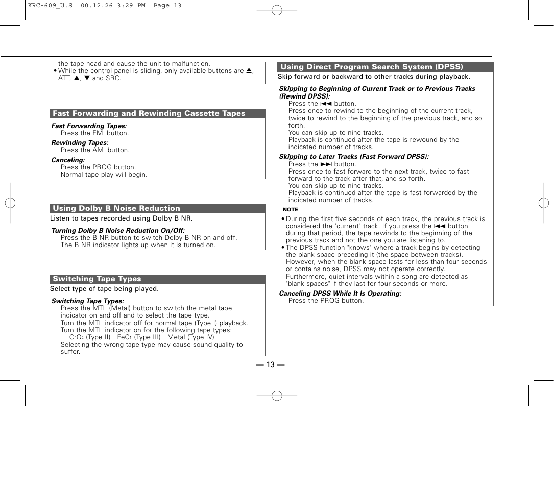 Fast forwarding and rewinding cassette tapes, Using dolby b noise reduction, Switching tape types | Using direct program search system (dpss) | Kenwood KRC-609 User Manual | Page 13 / 33