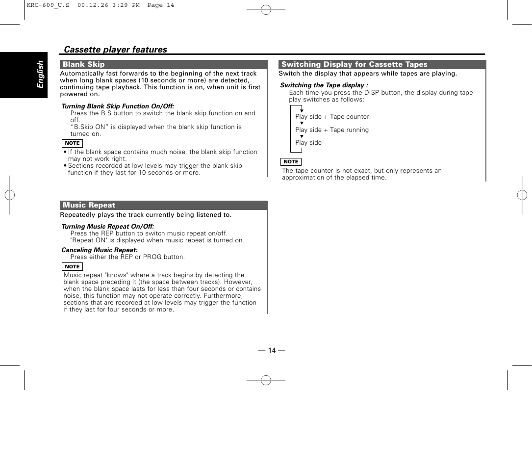 Blank skip, Music repeat, Switching display for cassette tapes | Cassette player features | Kenwood KRC-609 User Manual | Page 14 / 33