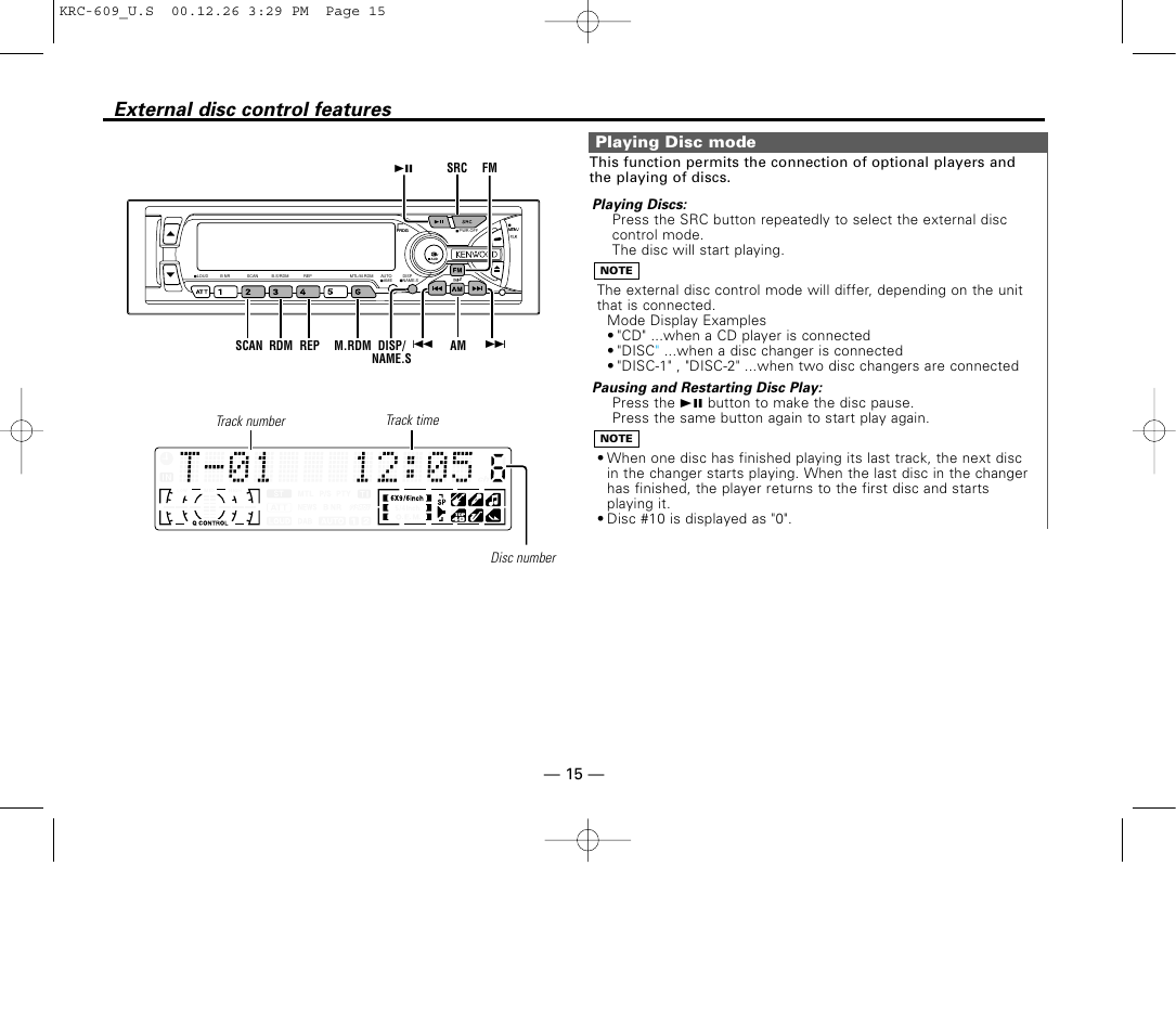 External disc control features, Playing disc mode | Kenwood KRC-609 User Manual | Page 15 / 33