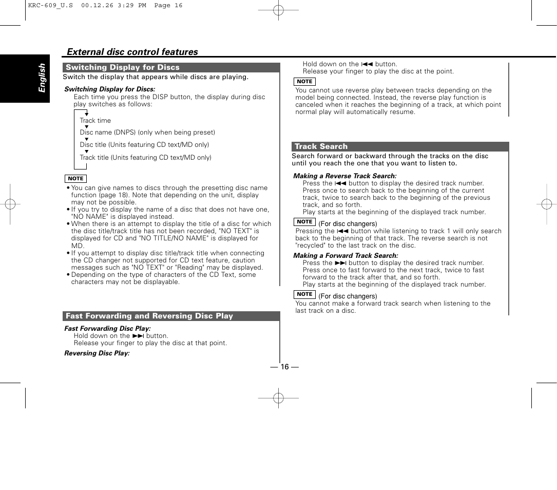 Switching display for discs, Fast forwarding and reversing disc play, Track search | External disc control features | Kenwood KRC-609 User Manual | Page 16 / 33