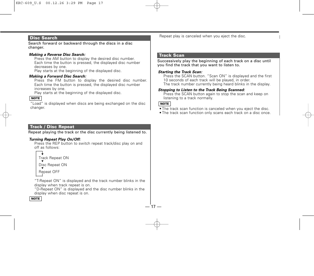 Disc search, Track / disc repeat, Track scan | Kenwood KRC-609 User Manual | Page 17 / 33