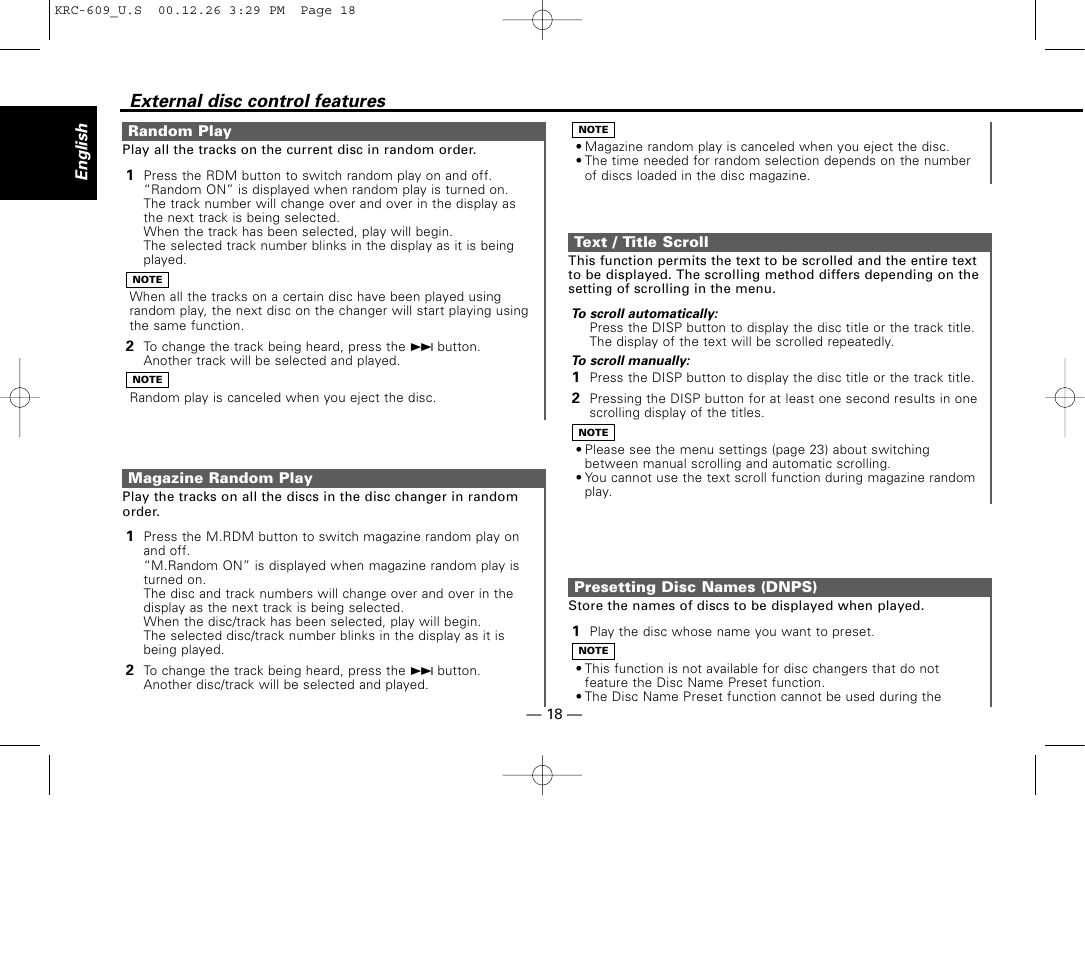 Random play, Magazine random play, Text / title scroll | Presetting disc names (dnps), External disc control features | Kenwood KRC-609 User Manual | Page 18 / 33