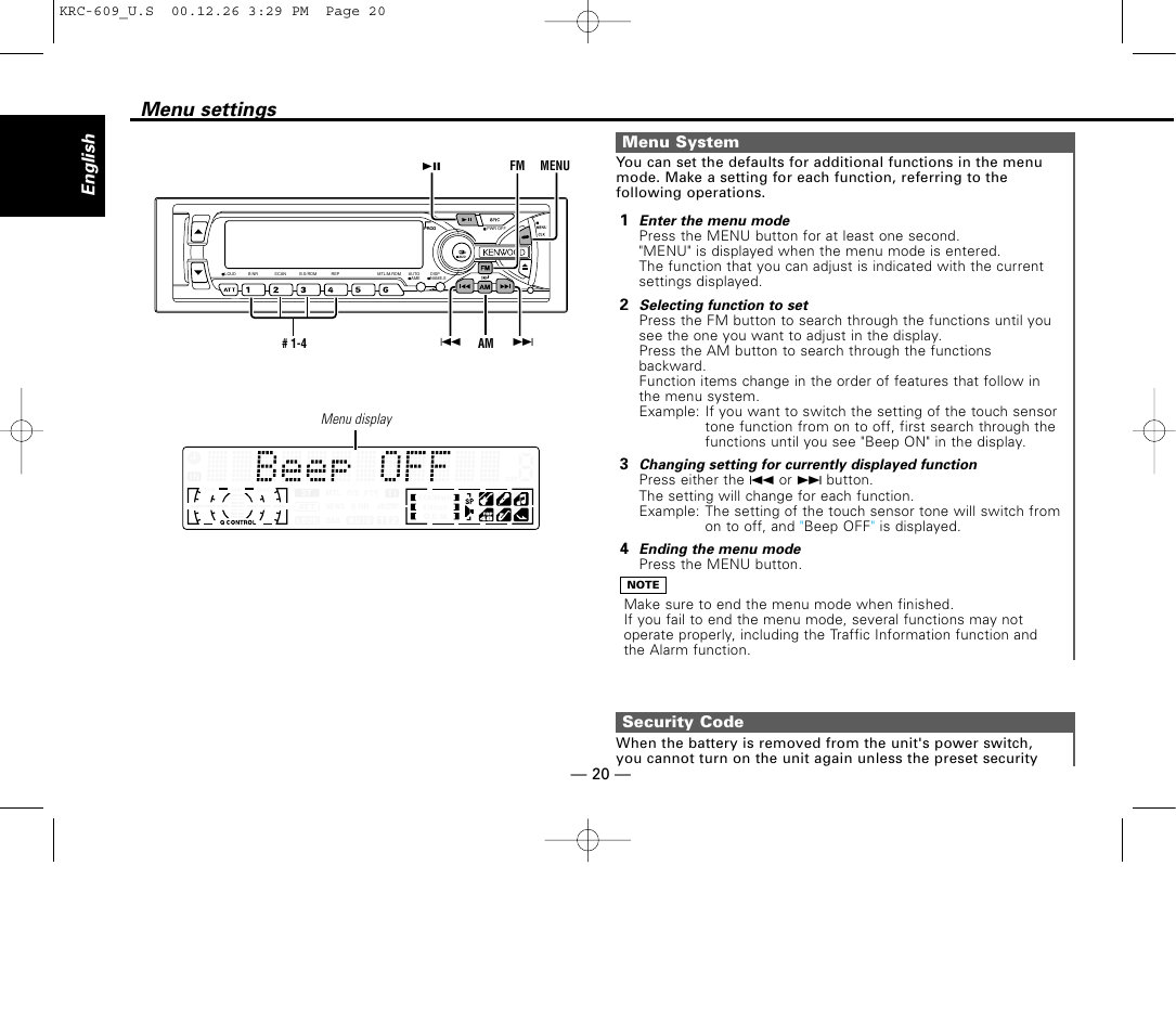 Menu settings, Menu system, Security code | English, 43 2 1 menu system | Kenwood KRC-609 User Manual | Page 20 / 33