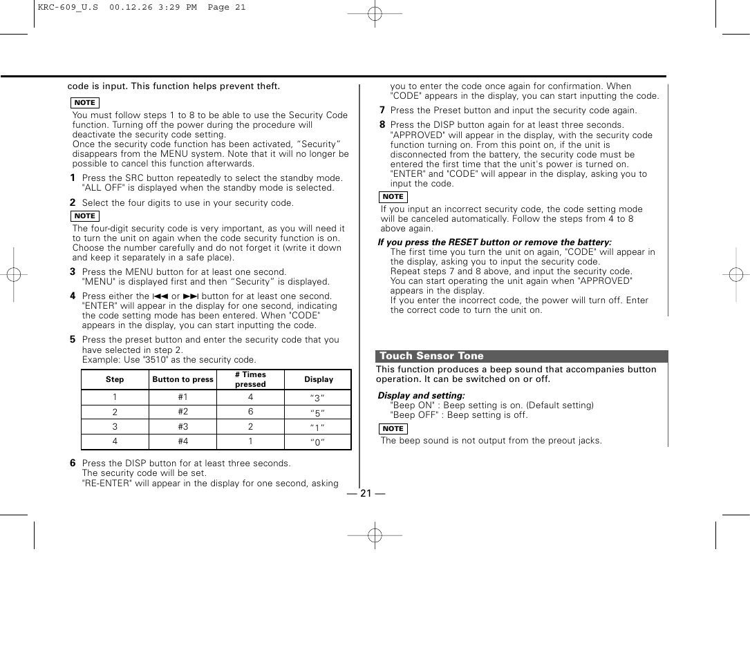 Touch sensor tone | Kenwood KRC-609 User Manual | Page 21 / 33