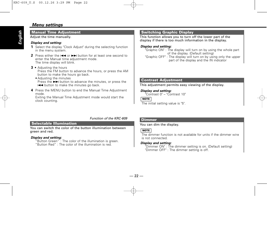 Manual time adjustment, Selectable illumination, Switching graphic display | Contrast adjustment, Dimmer, Menu settings | Kenwood KRC-609 User Manual | Page 22 / 33