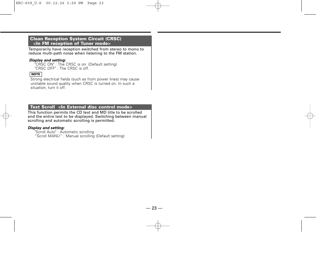 Clean reception system circuit (crsc), Text scroll | Kenwood KRC-609 User Manual | Page 23 / 33