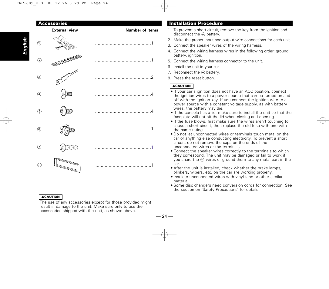 Installation, Accessories, Installation procedure | Kenwood KRC-609 User Manual | Page 24 / 33