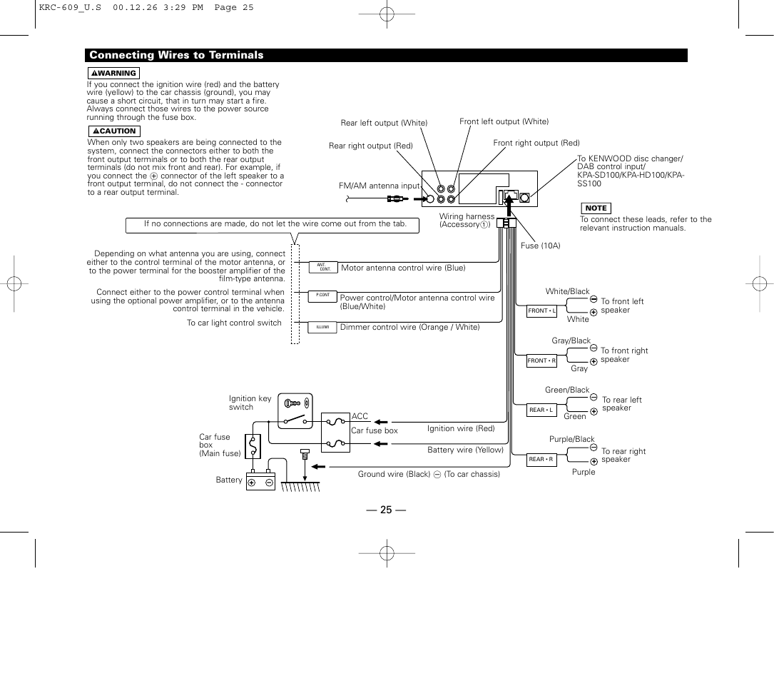 Connecting wires to terminals, 25 — connecting wires to terminals | Kenwood KRC-609 User Manual | Page 25 / 33