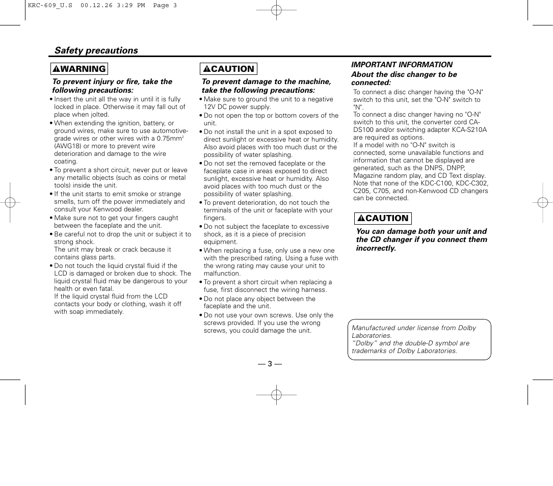 Safety precautions | Kenwood KRC-609 User Manual | Page 3 / 33