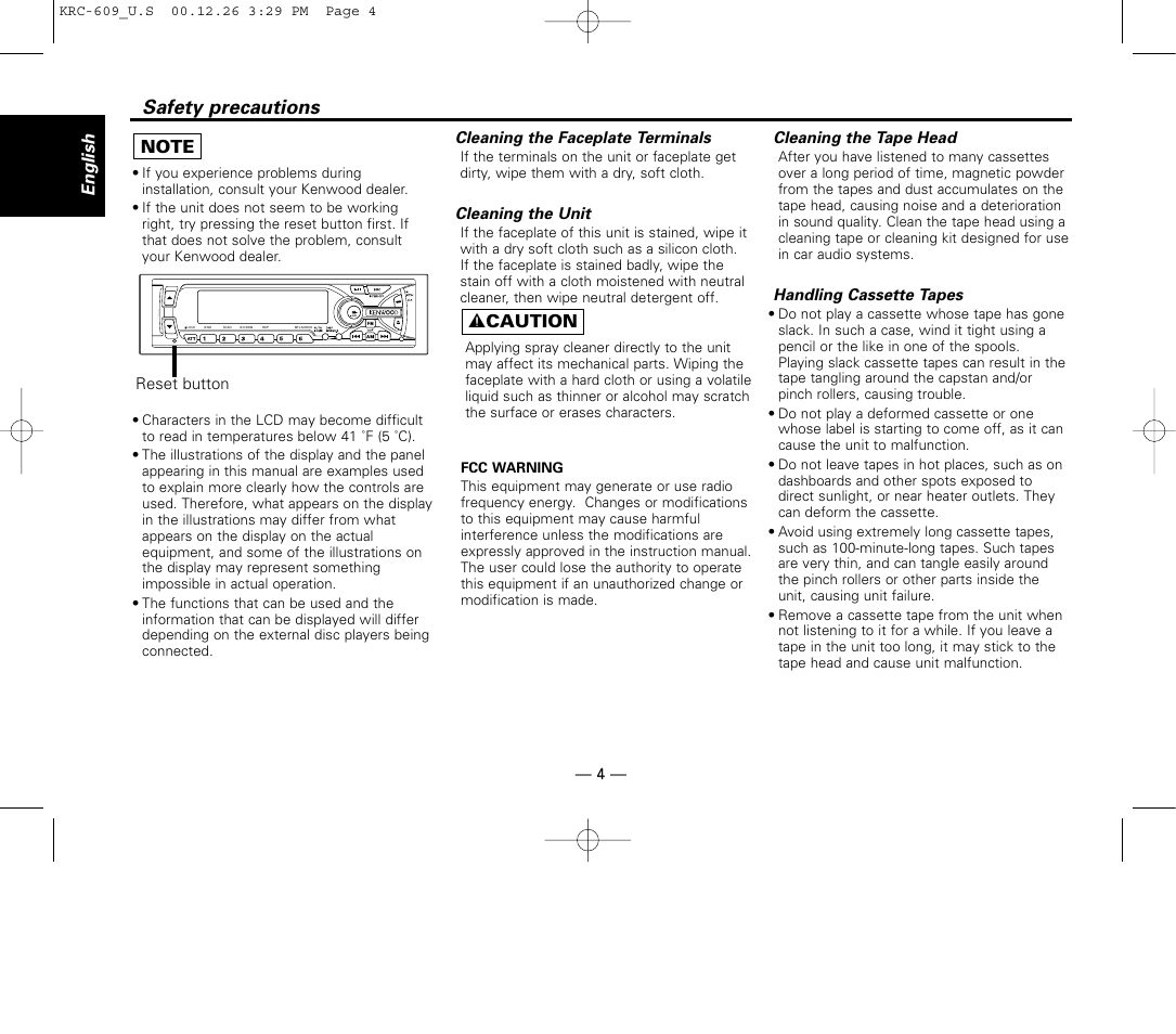 Safety precautions, English, 2 caution | Kenwood KRC-609 User Manual | Page 4 / 33