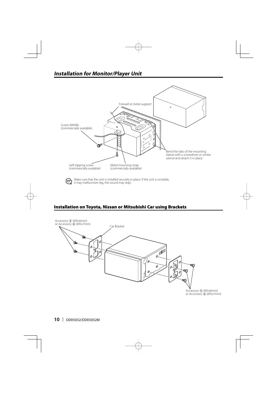 Installation for monitor/player unit | Kenwood DDX5032 User Manual | Page 10 / 32