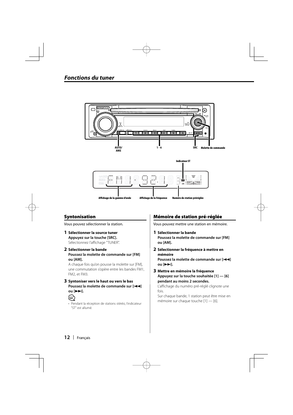 Fonctions du tuner | Kenwood KDC-W3534 User Manual | Page 12 / 96