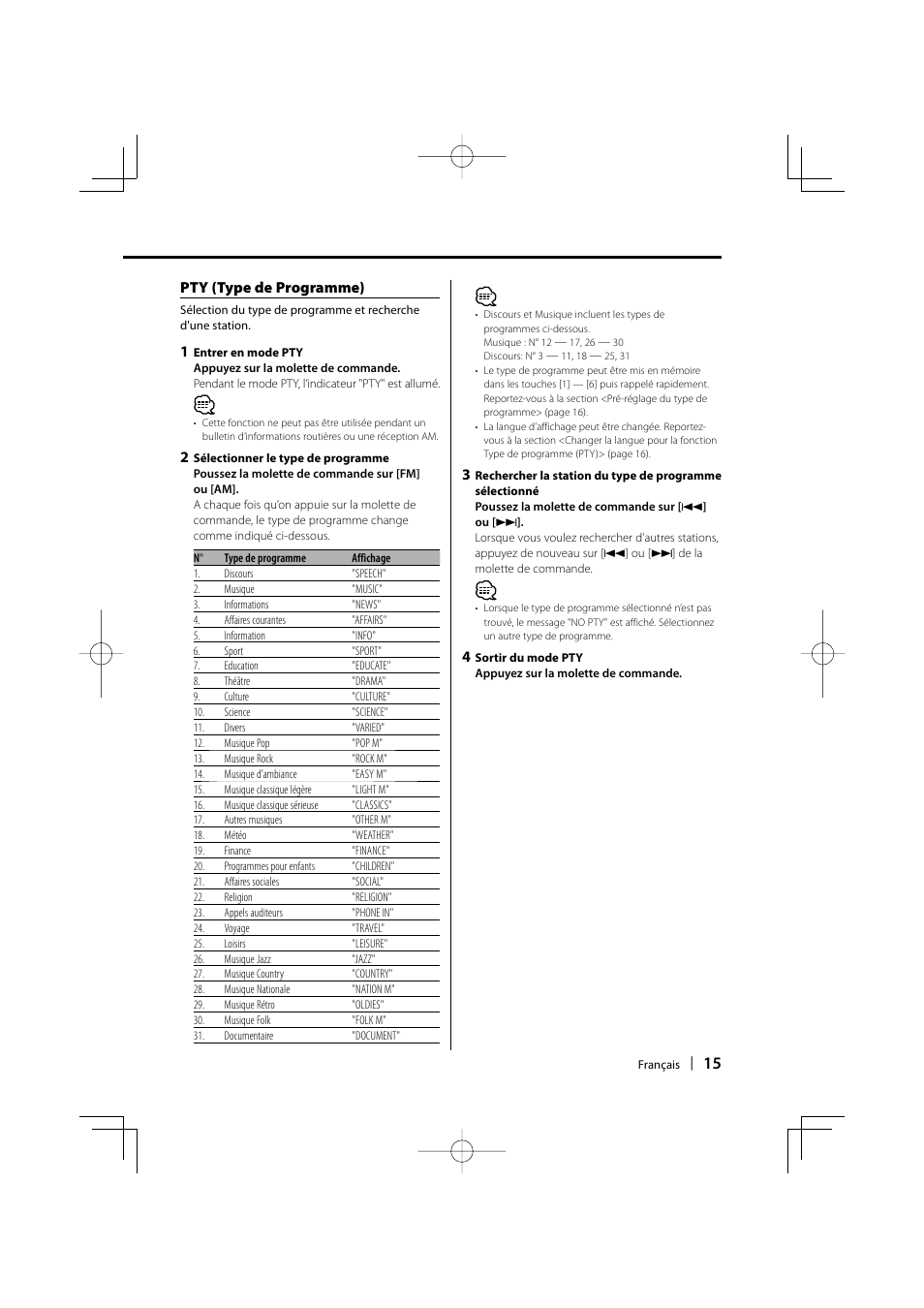 Pty (type de programme) | Kenwood KDC-W3534 User Manual | Page 15 / 96