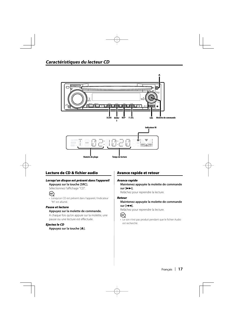 Caractéristiques du lecteur cd, Lecture de cd & fichier audio, Avance rapide et retour | Kenwood KDC-W3534 User Manual | Page 17 / 96