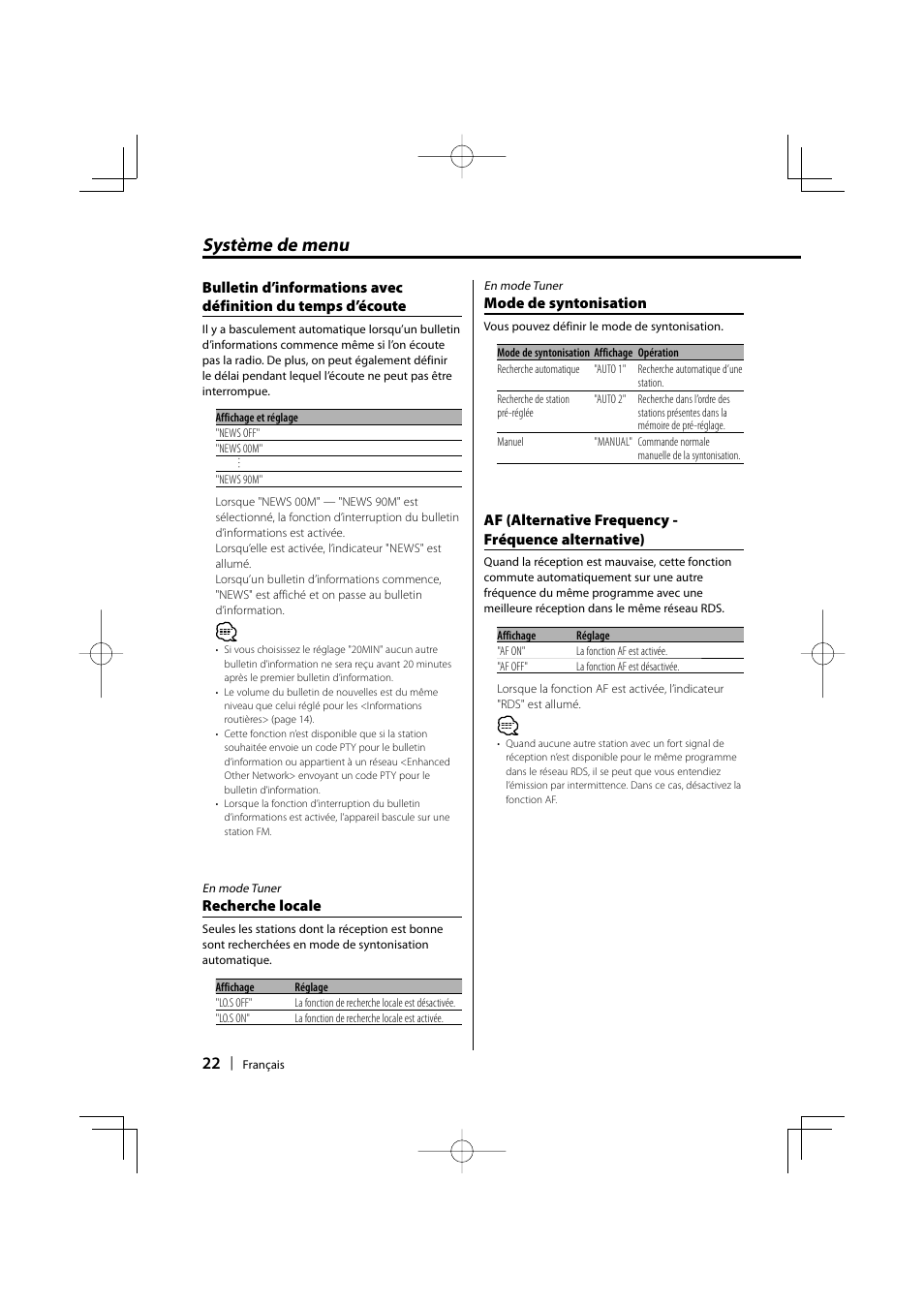 Système de menu | Kenwood KDC-W3534 User Manual | Page 22 / 96