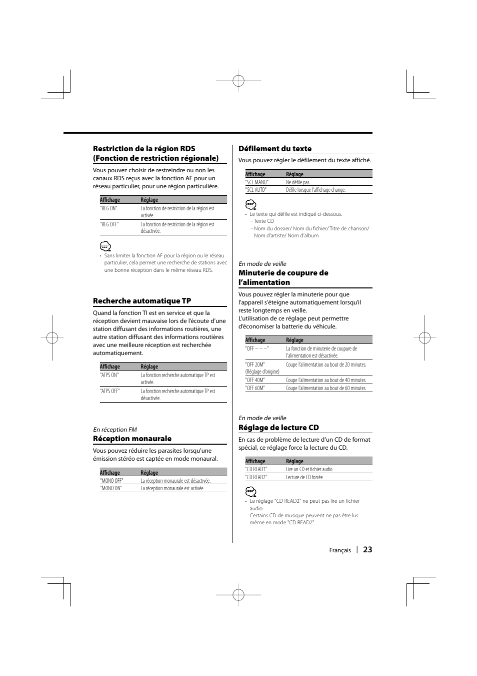 Recherche automatique tp, Réception monaurale, Défilement du texte | Minuterie de coupure de l’alimentation, Réglage de lecture cd | Kenwood KDC-W3534 User Manual | Page 23 / 96