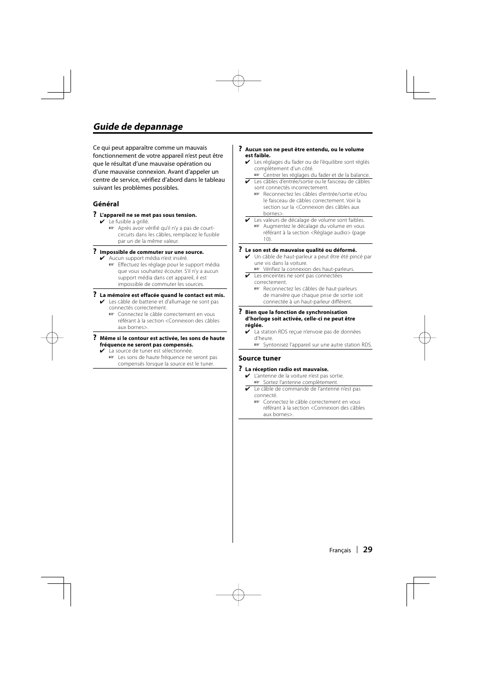 Guide de depannage | Kenwood KDC-W3534 User Manual | Page 29 / 96