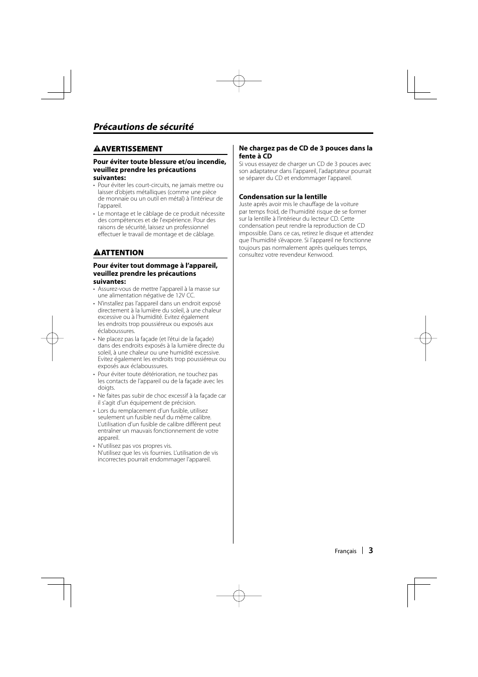 Précautions de sécurité | Kenwood KDC-W3534 User Manual | Page 3 / 96