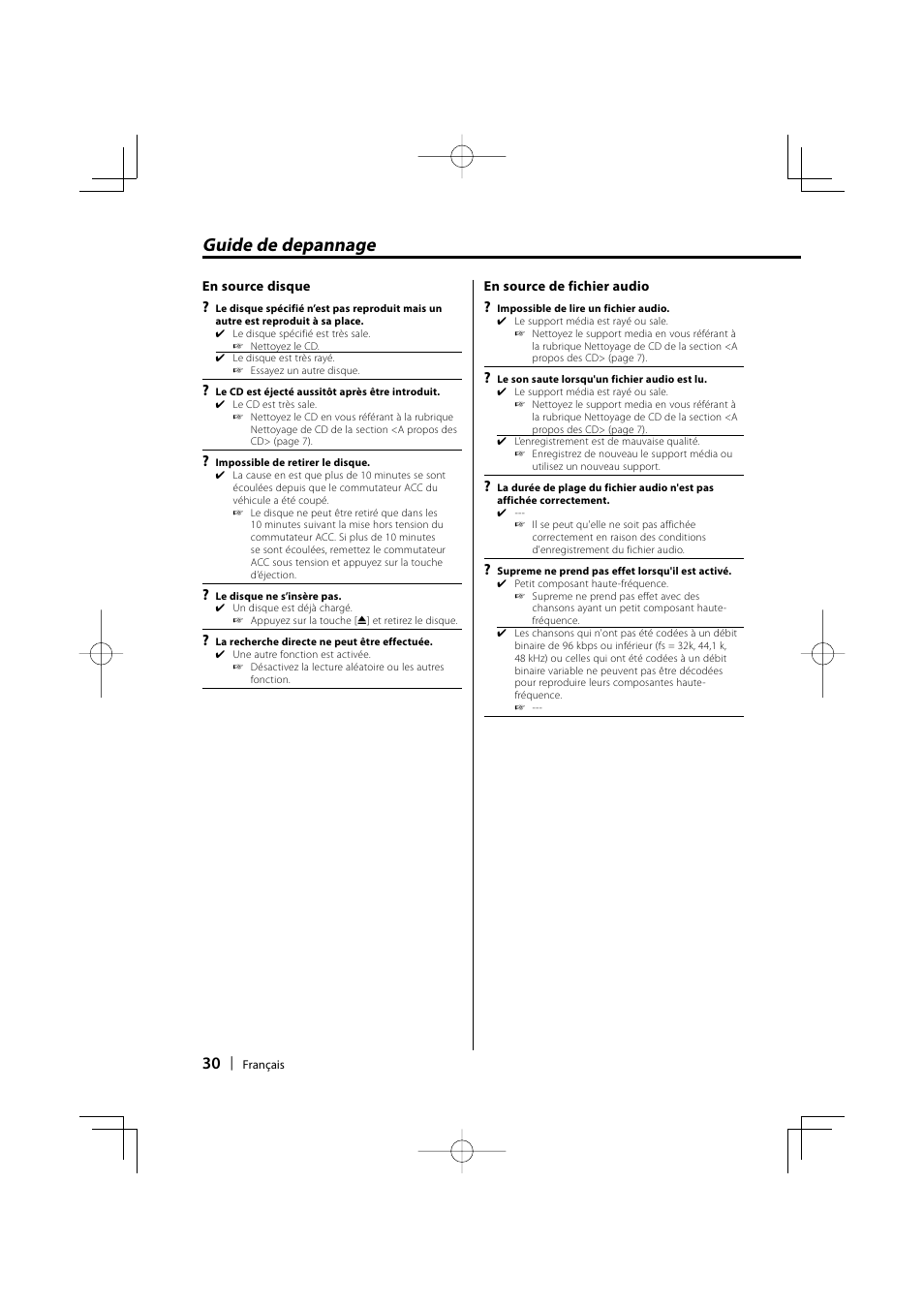 Guide de depannage | Kenwood KDC-W3534 User Manual | Page 30 / 96