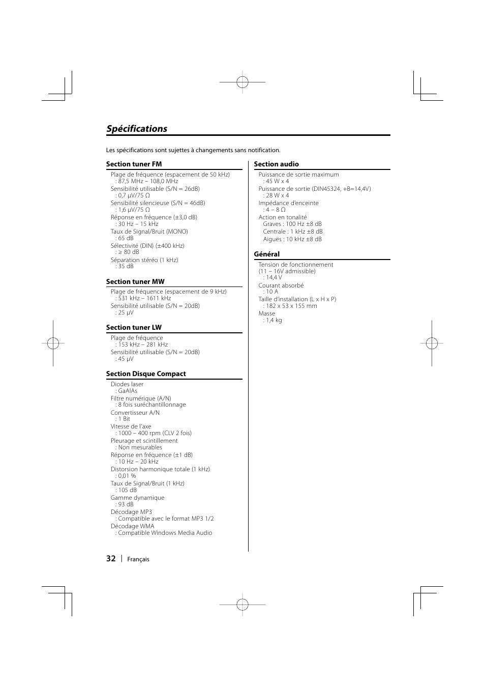 Spécifications | Kenwood KDC-W3534 User Manual | Page 32 / 96