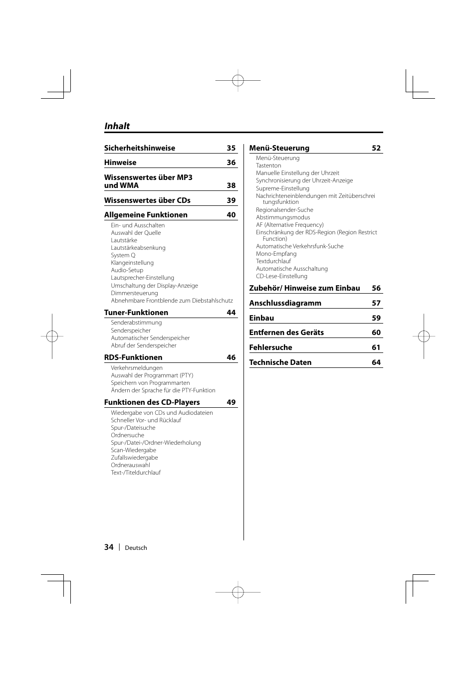 Inhalt | Kenwood KDC-W3534 User Manual | Page 34 / 96