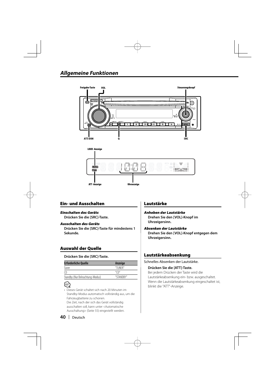 Allgemeine funktionen, Ein- und ausschalten, Auswahl der quelle | Lautstärke, Lautstärkeabsenkung | Kenwood KDC-W3534 User Manual | Page 40 / 96