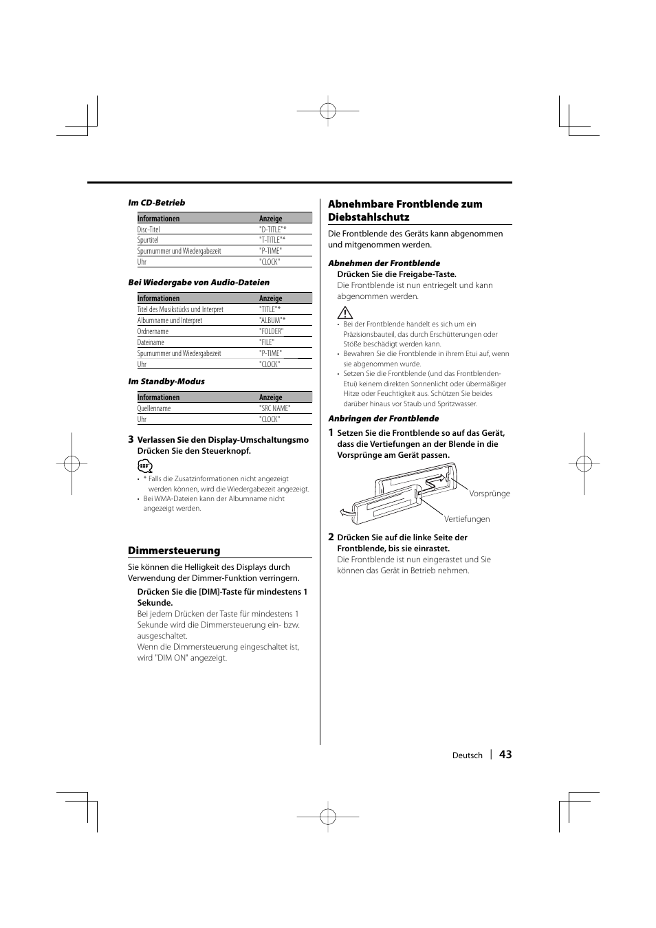 Dimmersteuerung, Abnehmbare frontblende zum diebstahlschutz | Kenwood KDC-W3534 User Manual | Page 43 / 96