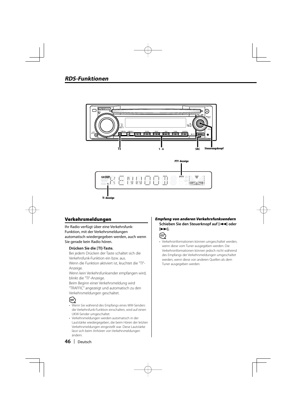 Rds-funktionen, Verkehrsmeldungen | Kenwood KDC-W3534 User Manual | Page 46 / 96