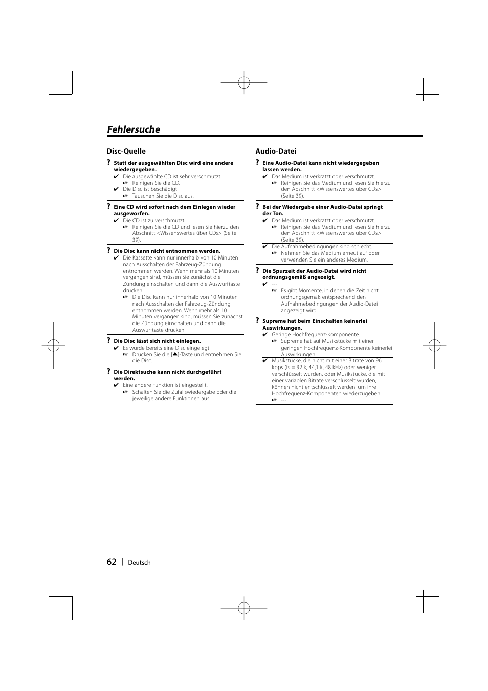 Fehlersuche | Kenwood KDC-W3534 User Manual | Page 62 / 96