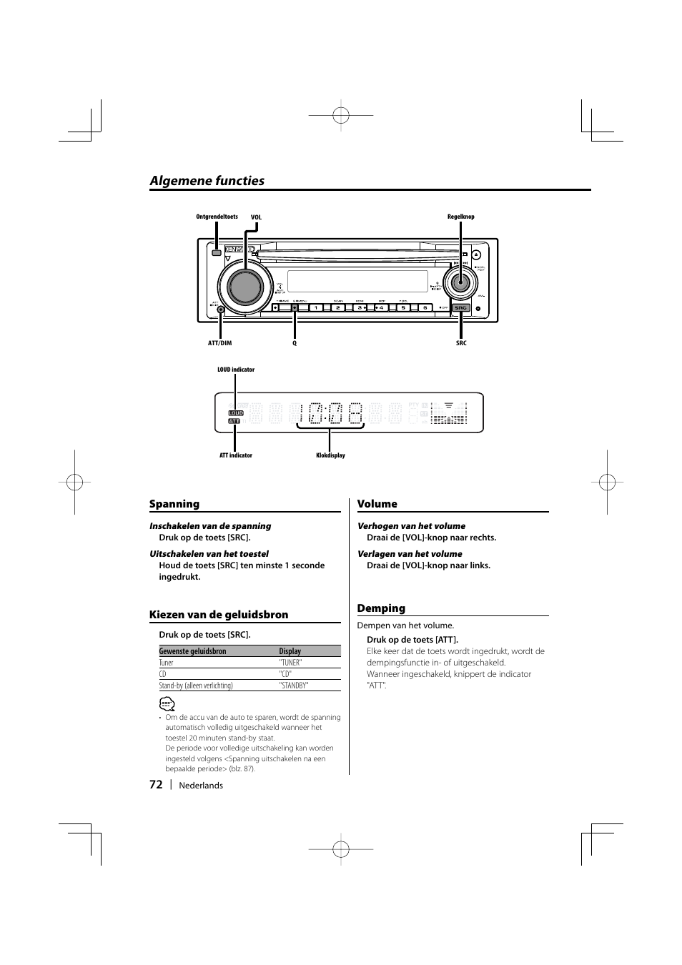 Algemene functies, Spanning, Kiezen van de geluidsbron | Volume, Demping | Kenwood KDC-W3534 User Manual | Page 72 / 96