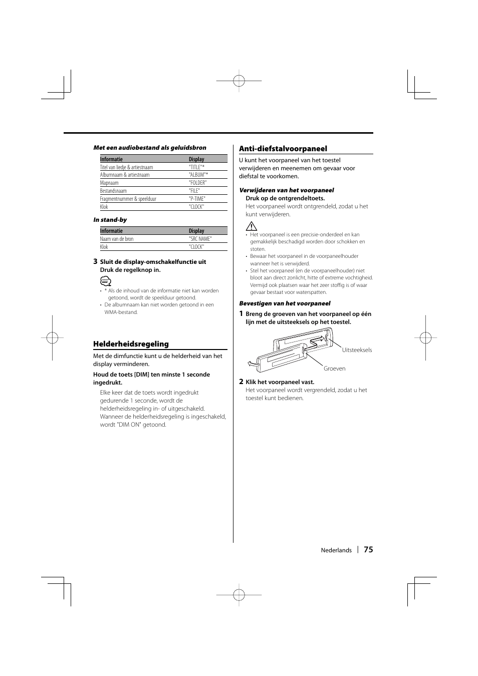 Helderheidsregeling, Anti-diefstalvoorpaneel | Kenwood KDC-W3534 User Manual | Page 75 / 96