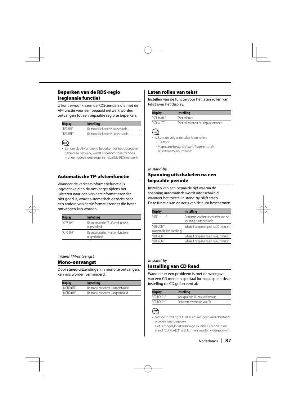 Beperken van de rds-regio (regionale functie), Automatische tp-afstemfunctie, Mono-ontvangst | Laten rollen van tekst, Spanning uitschakelen na een bepaalde periode, Instelling van cd read | Kenwood KDC-W3534 User Manual | Page 87 / 96