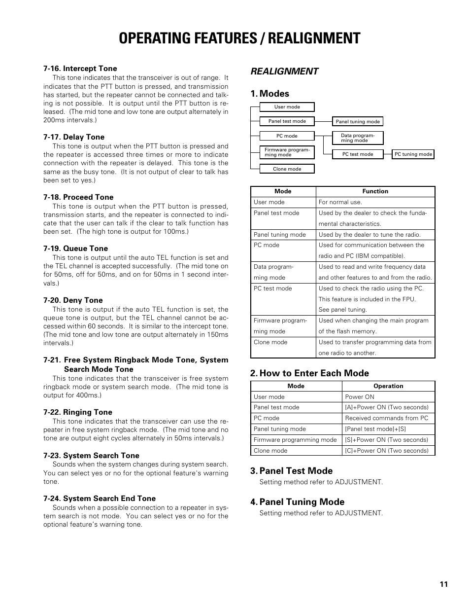 Realignment, Modes, How to enter each mode | Panel test mode, Panel tuning mode, Operating features / realignment | Kenwood TK-480 User Manual | Page 12 / 55