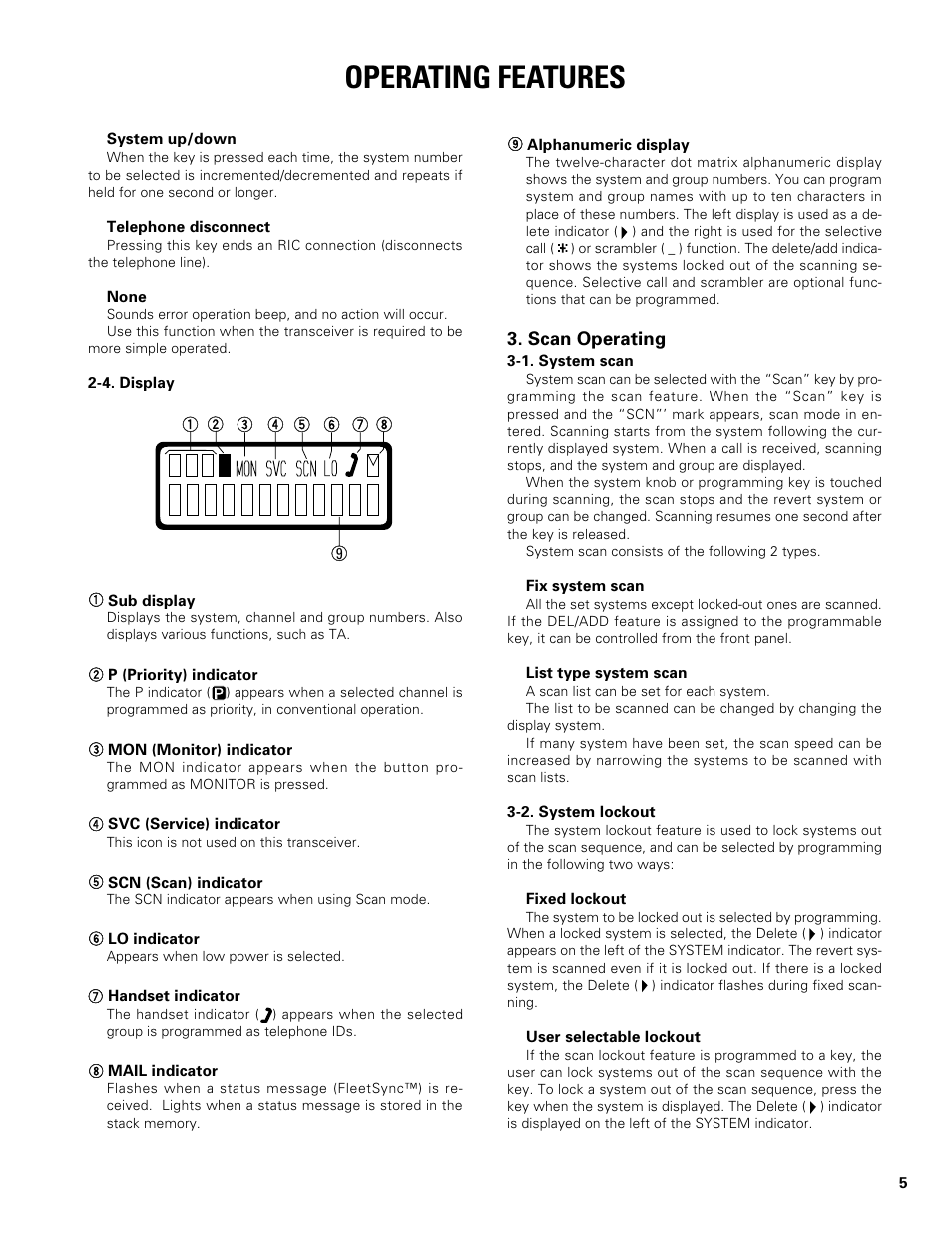 Scan operating, Operating features | Kenwood TK-480 User Manual | Page 6 / 55