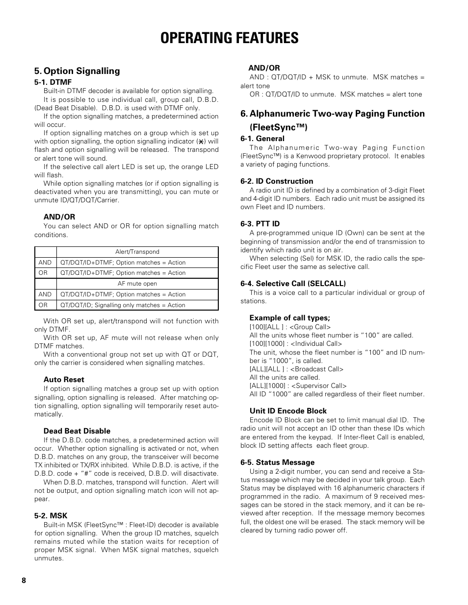 Option signalling, Alphanumeric two-way paging function (fleetsync™), Operating features | Kenwood TK-480 User Manual | Page 9 / 55