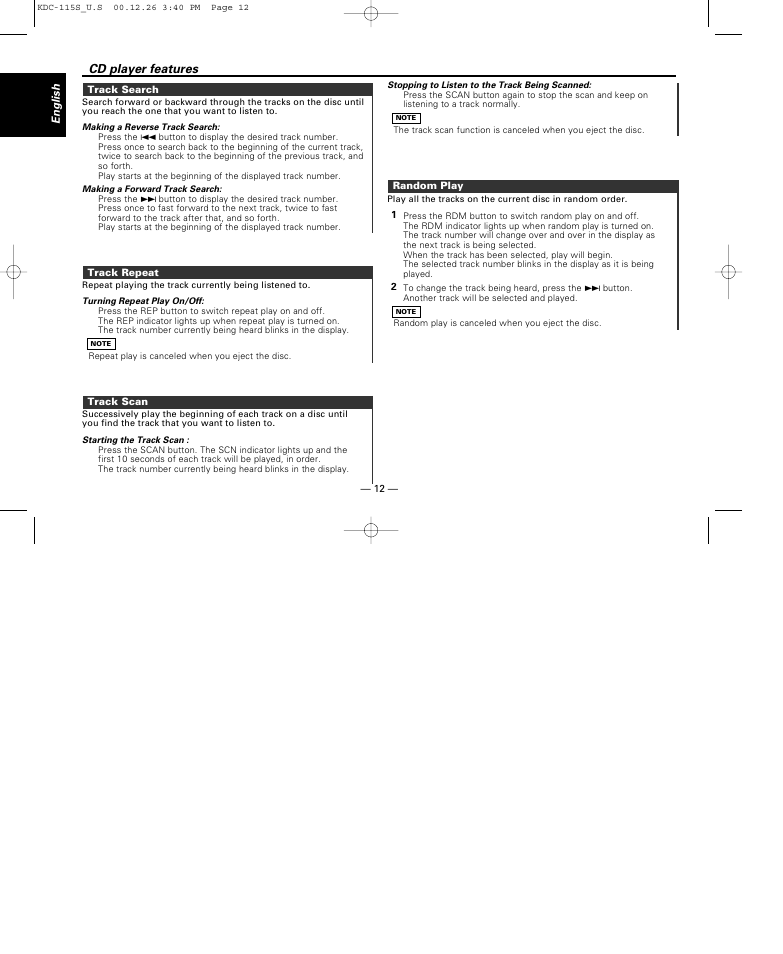 Track search, Track repeat, Track scan | Random play, Cd player features | Kenwood KDC-115S User Manual | Page 12 / 19