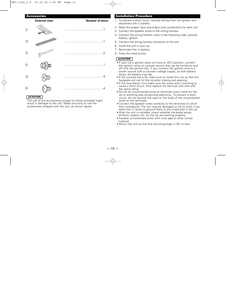 Installation, Accessories, Installation procedure | Kenwood KDC-115S User Manual | Page 13 / 19