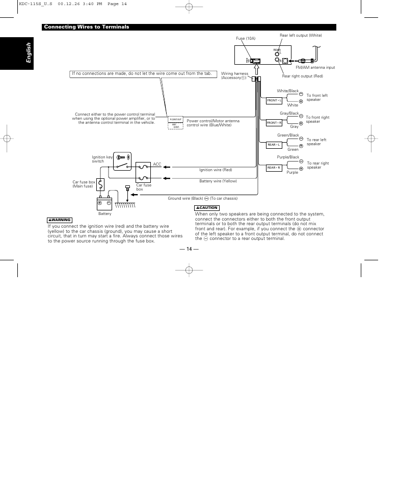 Connecting wires to terminals, English | Kenwood KDC-115S User Manual | Page 14 / 19