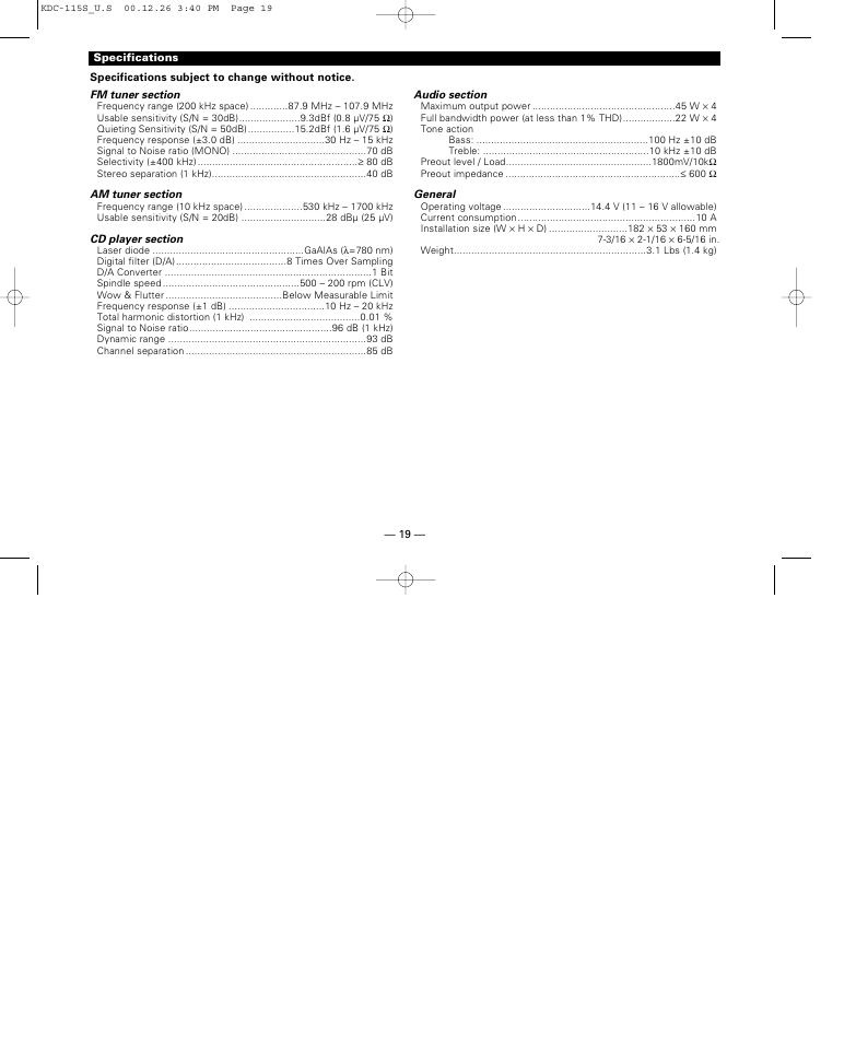 Specifications | Kenwood KDC-115S User Manual | Page 19 / 19