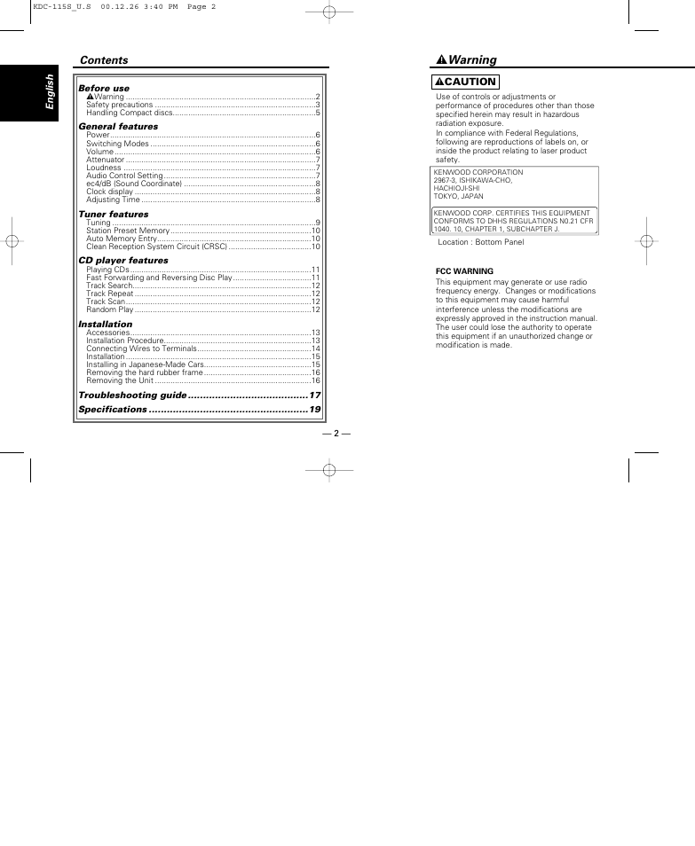 Kenwood KDC-115S User Manual | Page 2 / 19