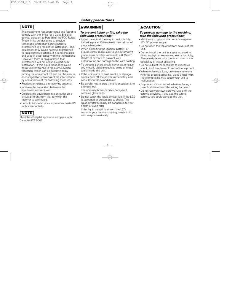 Safety precautions | Kenwood KDC-115S User Manual | Page 3 / 19