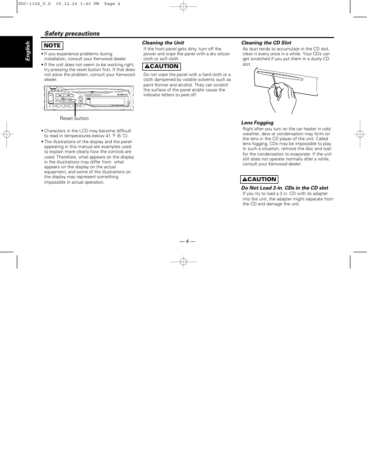 Safety precautions, English, 2 caution | Reset button cleaning the unit, Cleaning the cd slot, Lens fogging, Do not load 3-in. cds in the cd slot | Kenwood KDC-115S User Manual | Page 4 / 19