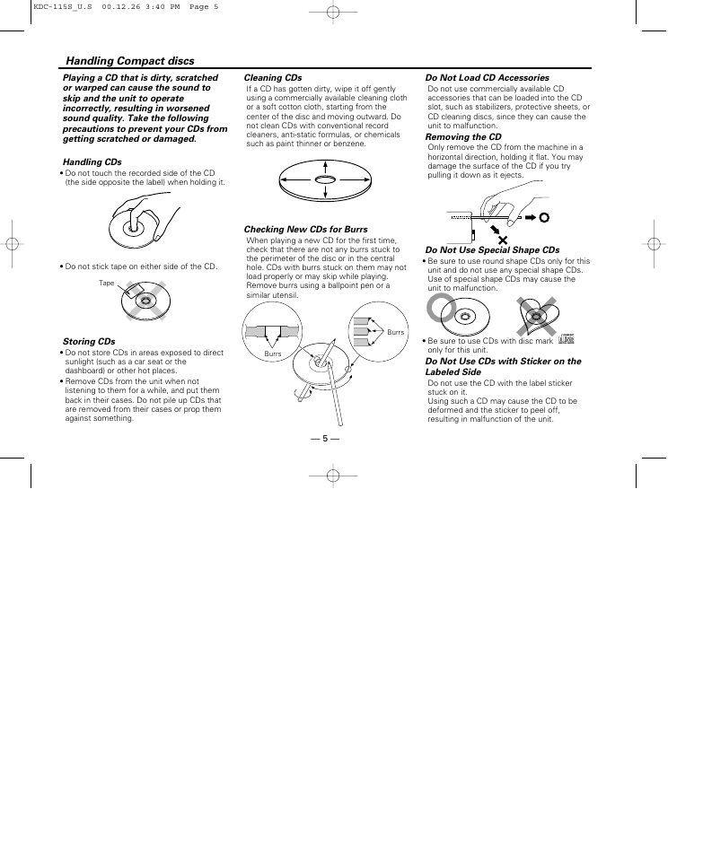 Handling compact discs | Kenwood KDC-115S User Manual | Page 5 / 19