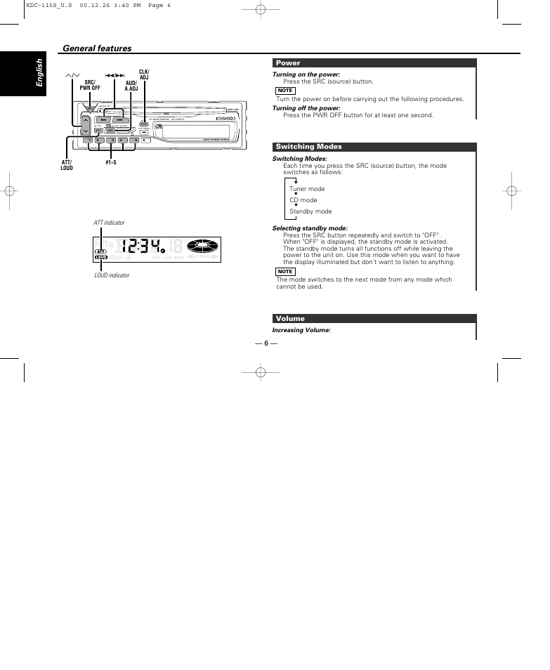 General features, Power, Switching modes | Volume, English | Kenwood KDC-115S User Manual | Page 6 / 19