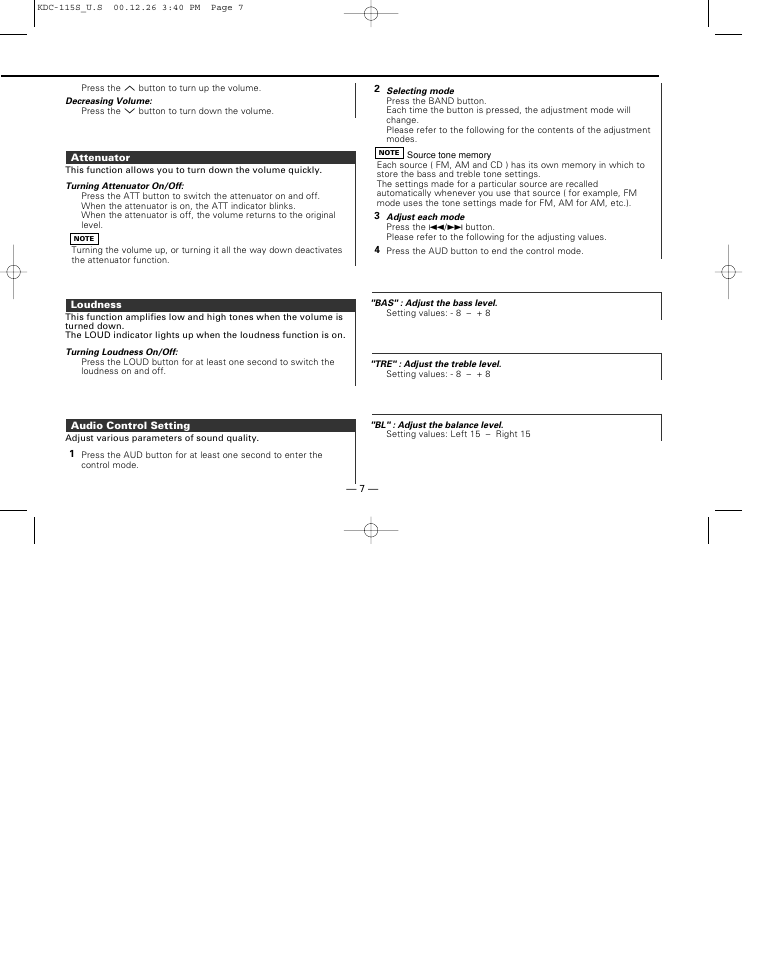 Attenuator, Loudness, Audio control setting | Kenwood KDC-115S User Manual | Page 7 / 19